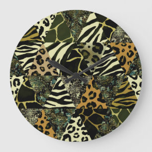 Relógio Grande Patchwork Safari: Watercolor Animal Print.
