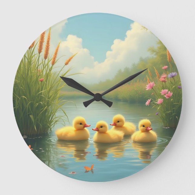 Relógio Grande patos bebês fofos em lagoa com flores (Frente)