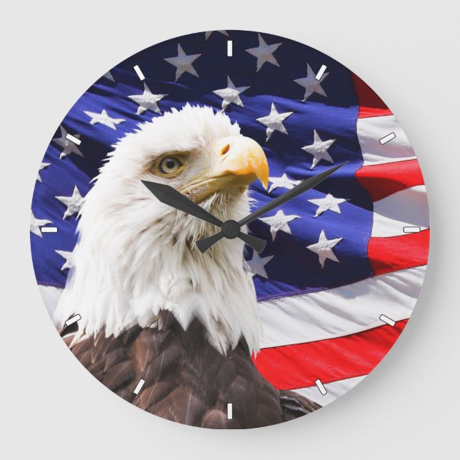 Relógio Grande Patriotic American Flag and Bald Eagle Wall Clock (Frente)