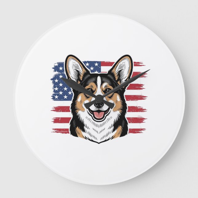 Relógio Grande Patriotic Corgi American Flag Vintage Vector Desig (Frente)