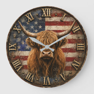 Relógio Grande Patriotic Highland Cow American Flag Rustic