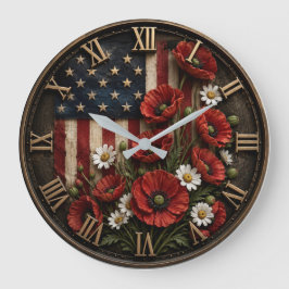 Relógio Grande Patriotic Poppy Flowers American USA Flag Floral