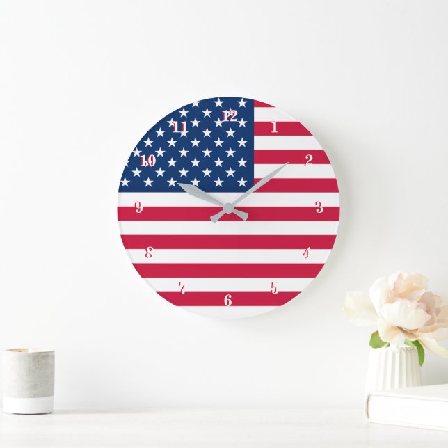 Relógio Grande Patriótico Americano Flag Wall Clock USA (Lar)