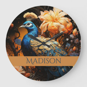 Relógio Grande Pavão Bonito de Nome Personalizado Dourado e Azul