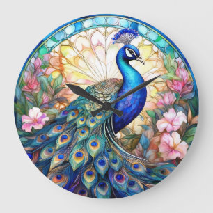 Relógio Grande Pavão em Vitral e Aquarela