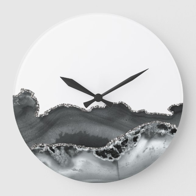 Relógio Grande Pedra de Agato Metálico de Cinza Negra (Frente)