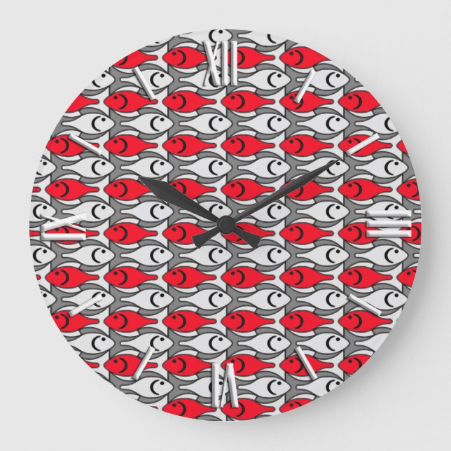 Relógio Grande Peixe Modernista de meados do século, vermelho e c (Frente)