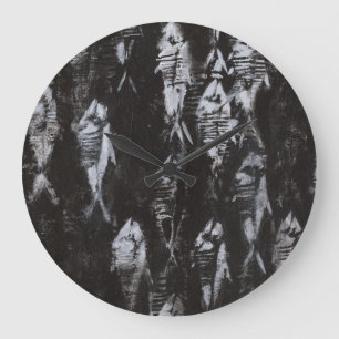 Relógio Grande Peixes Brancos Fósseis em Fundo Preto