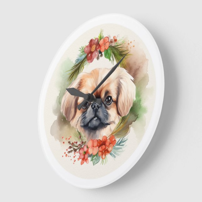 Relógio Grande Pekingese Christmas Wreath Festivo Pup (Ângulo)