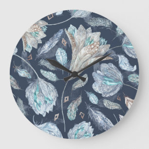 Relógio Grande Penas Chic Boho Flores: Azul Escuro-Aquarela P