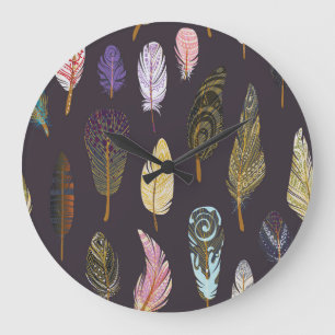 Relógio Grande Penas Coloridas de Pássaros Padrão de Aquarela