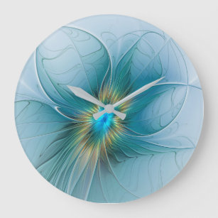 Relógio Grande Pequena Bela Moderna Flor de Arte Fractal Azul Dou