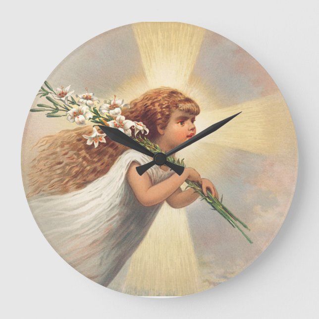 Relógio Grande Pequeno anjo bebê segurando lírios (Frente)
