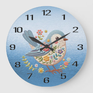 Relógio Grande Pequeno Pássaro Floral Bordado Azul Clock