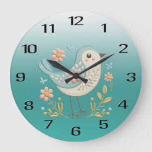 Relógio Grande Pequeno Pássaro Floral Bordado Verde Clock