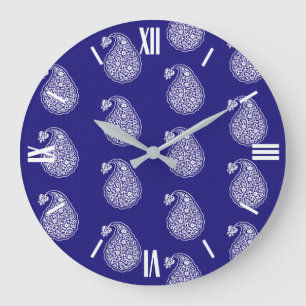 Relógio Grande Pérsia azulejo paisley - branco em azul indigo