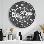 Relógio Grande Personalização do Monograma de Bar da Casa de Café<br><div class="desc">Bar De Café De Café De Chalkboard Monograma - Relógio Grande Personalizado. Relógio personalizado de cozinha com nome personalizado no estilo do quadro de discussão tradicional com duas áreas de texto personalizadas que você pode personalizar para fazer disso seu próprio estilo. Seria fantástico em uma cozinha temática de café ou...</div>