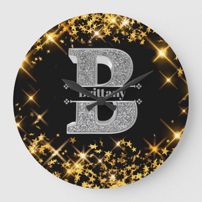 Relógio Grande Personalizado B Monograma Inicial de Prata Seu Nom (Frente)