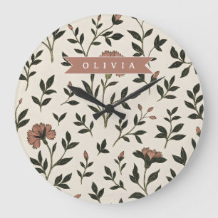 Relógio Grande Personalizado Custom Elegante Neutro Floral Vintag