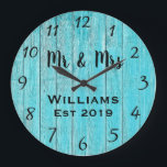 Relógio Grande Personalizado de Madeira Teal Rústico<br><div class="desc">Lindo, único, personalizado e feito sob medida apresenta uma madeira azul-teal rústica falsa com personalização preta com nomes dele e dela em uma fonte de sobreposição de design de script e o sobrenome e ano estabelecido em um script em negrito com um efeito de madeira impressa no fundo. Personalize este...</div>
