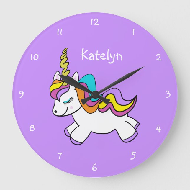 Relógio Grande Personalizado Girls Purple Unicorn (Frente)