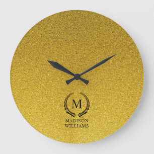 Relógio Grande Personalizado Monograma Preto e Dourado com Brilho
