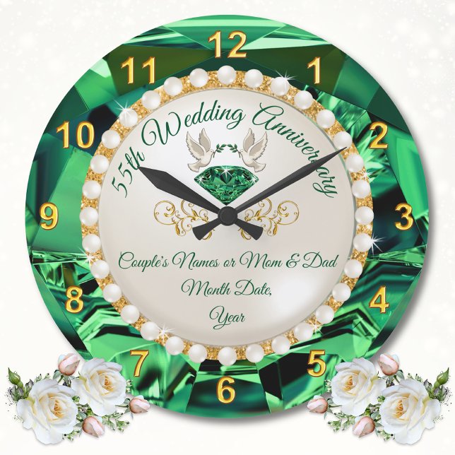 Relógio Grande Personalizado, Presentes do Aniversário do Casamen (Emerald Green Wall Clock. Personalised, 55th wedding anniversary gift ideas for parents. 55 year.)