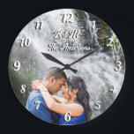 Relógio Grande Personalizar letras brancas com nome personalizado<br><div class="desc">Nome personalizado de foto personalizado letras brancas e números retro font wall clock. Um presente personalizado adorável para um casal,  para casamento,  noivado,  aquecimento de casa ou outra ocasião.</div>