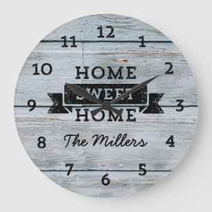 Relógio Grande Personalize o nome Pale Wood Rustic Home Sweet Hom