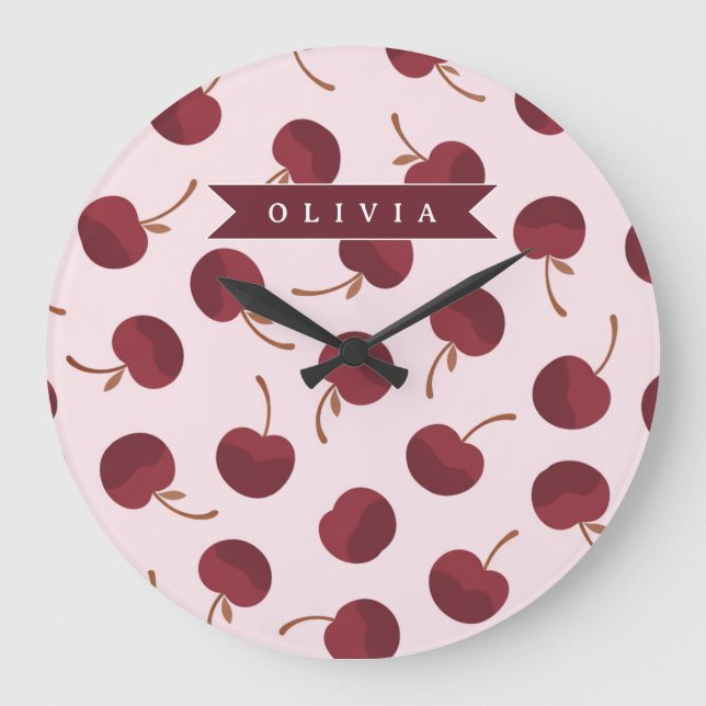 Relógio Grande Personalized Aesthetic Cherry Pattern Name Gift (Frente)