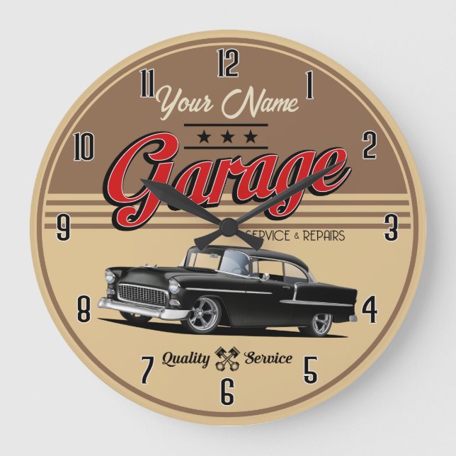 Relógio Grande Personalized Black 1955 Car Garage Large Clock (Frente)