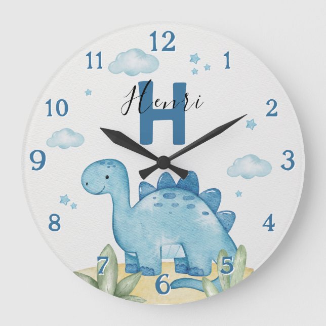 Relógio Grande Personalized Blue Dinosaur Nursery Wall Clock (Frente)