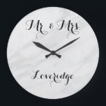 Relógio Grande Personalized Mr. & Mrs. White Gray Grey Marble<br><div class="desc">Personalized white and gray marble Mr. and Mrs.large clock. This stylish clock features elegant black writing. You can personalize it with your surname,  and even change the text color and font style using the customize option. Perfect for a wedding,  engagement or anniversary gift!</div>