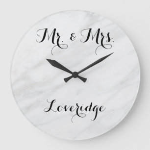 Relógio Grande Personalized Mr. & Mrs. White Gray Grey Marble