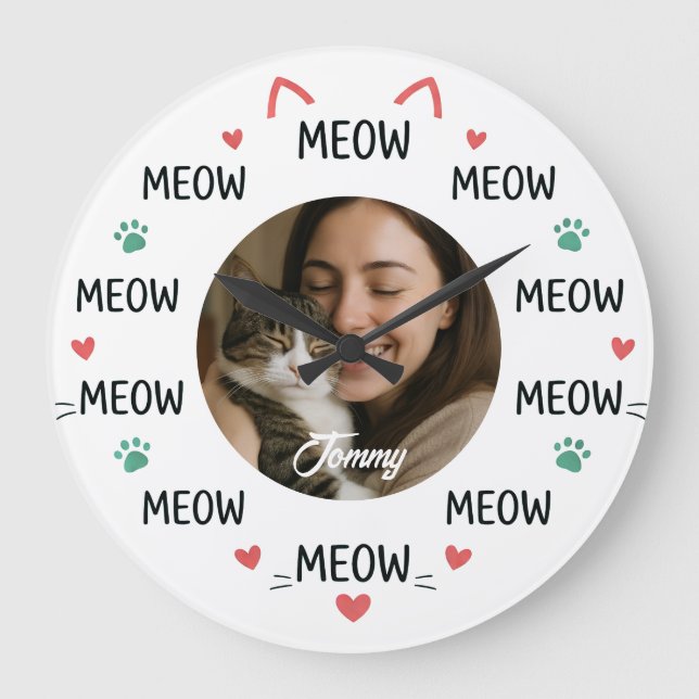 Relógio Grande Personalized Pet Photo Wall Clock with 'MEOW'  (Frente)