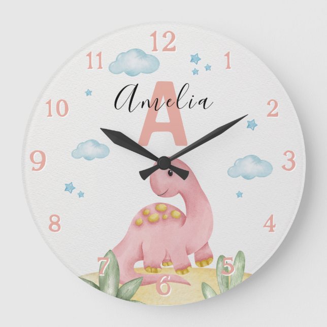 Relógio Grande Personalized Pink Dinosaur Nursery Large Clock (Frente)
