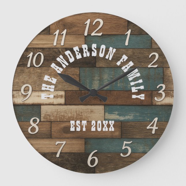 Relógio Grande Personalized Rustic Farmhouse Family Sign Wood Con (Frente)