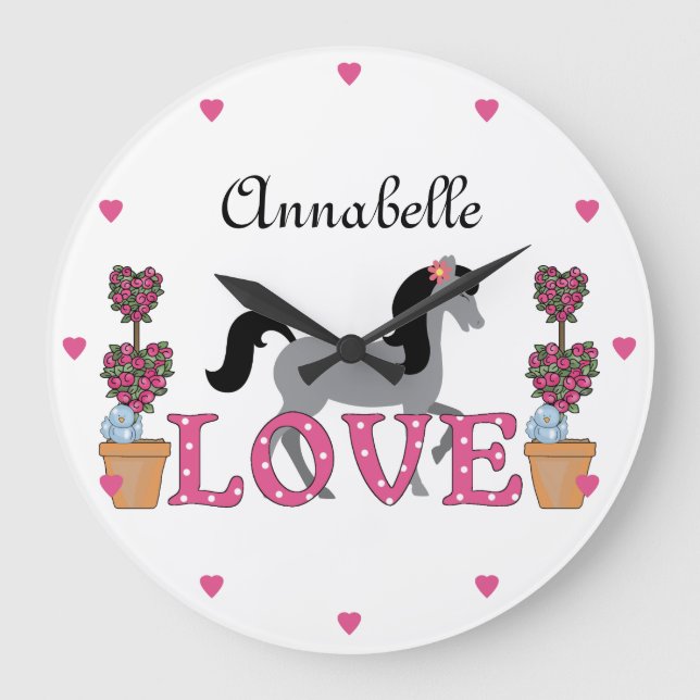 Relógio Grande Personalized The Pretty Ponies Love Horse Clock (Frente)