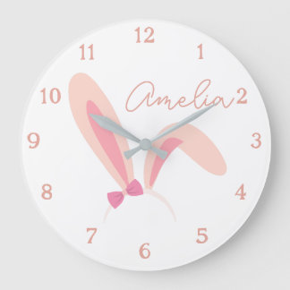 Relógio Grande Personalized White Bunny Nursery Wall Clock Pastel