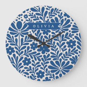 Relógio Grande Pessoalizado Floral Folclórico Azul Nórdico Person