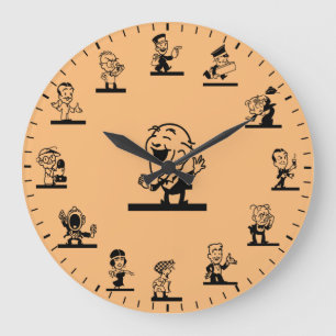 Relógio Grande Pessoas de Desenho Animado Retro com Tema Preto