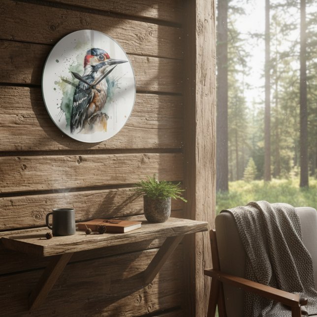 Relógio Grande Pica-pau bonito sentado sobre uma vara de madeira (Criador carregado)