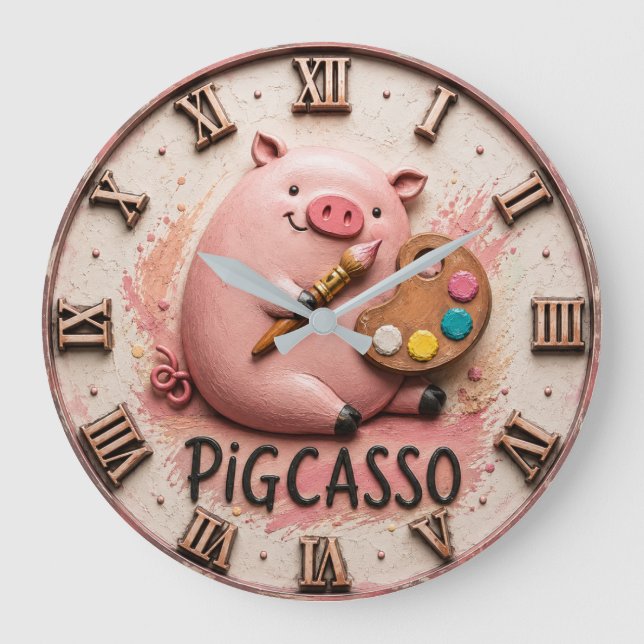 Relógio Grande Pigcasso Funny Artist Pig  (Frente)