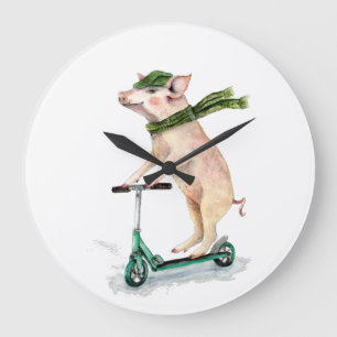 Relógio Grande Piggy em um patinete