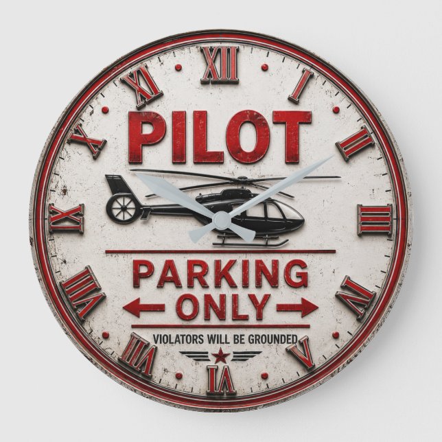 Relógio Grande Pilot Parking Only Helicopter Aviation Hangar  (Frente)