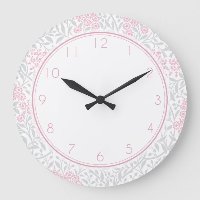Relógio Grande Pink and Gray Floral Damask Pattern (Frente)
