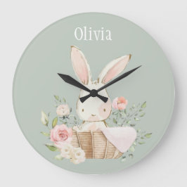 Relógio Grande Pink Blush Bunny Sage Green Name Clock