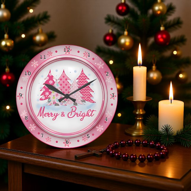 Relógio Grande Pink Christmas Trees Round Holiday Design (Criador carregado)