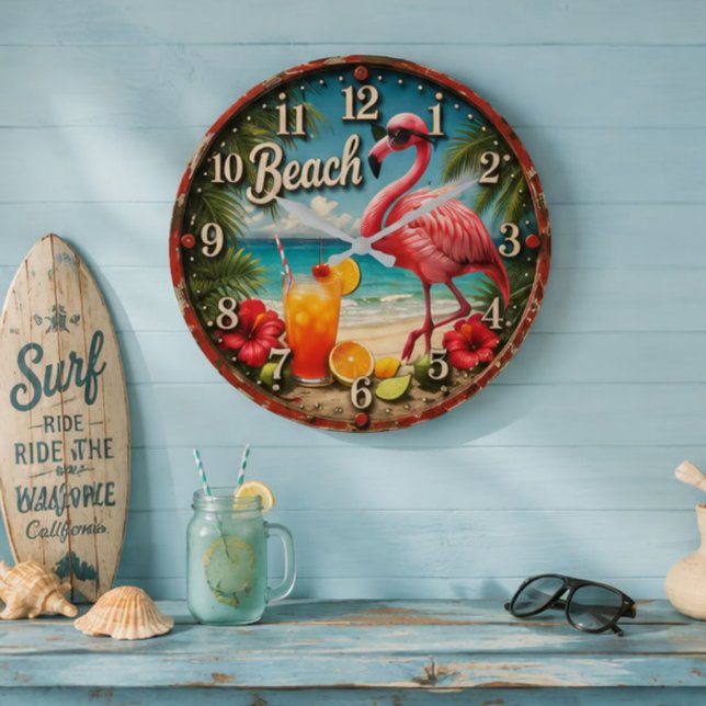 Relógio Grande Pink Flamingo Beach (Criador carregado)