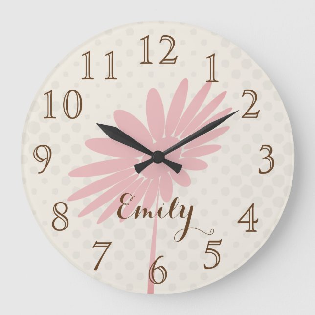 Relógio Grande Pink Flower Nursery Kids Room Add Name Wall  Clock (Frente)